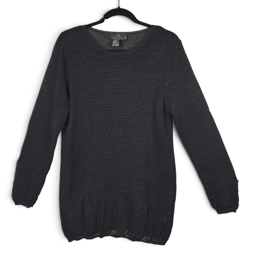 Carole Little Sweater Women L Black Pointelle Trim Long Sleeve Knit Pullover Top
